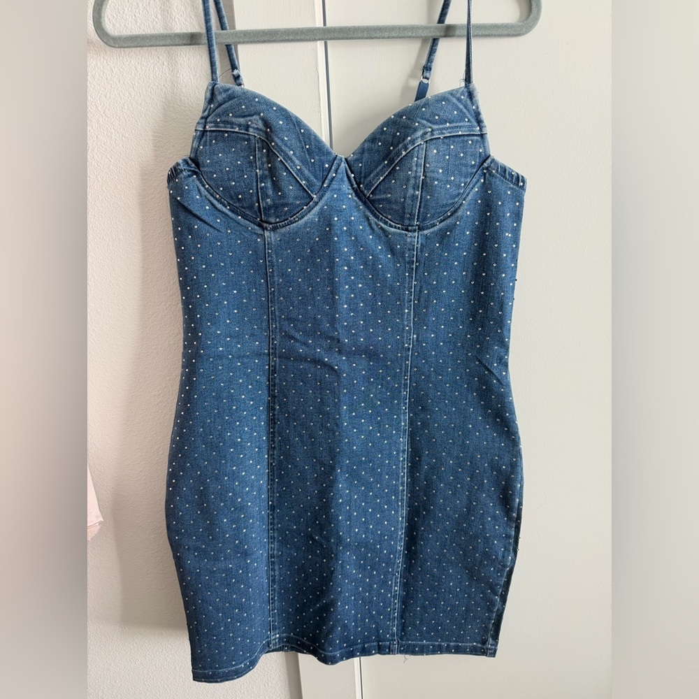 Denim Rhinestone Bustier Mini Dress